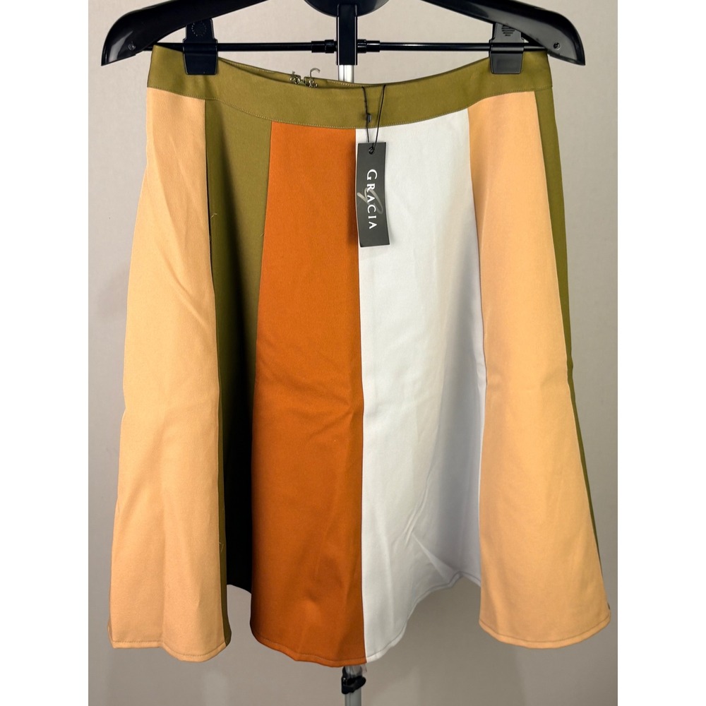 Gracia Colorblock A-Line Skirt Large Olive Orange Cream Peach Retro Mod Flare